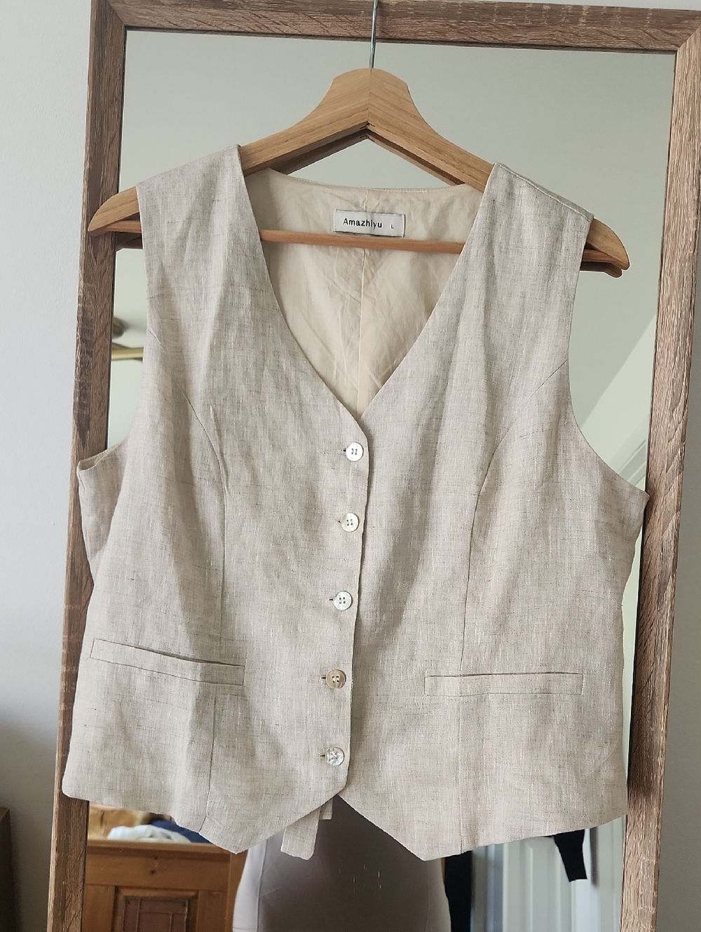 Amazhiyu Linen Button Front Vest in Natural Beige